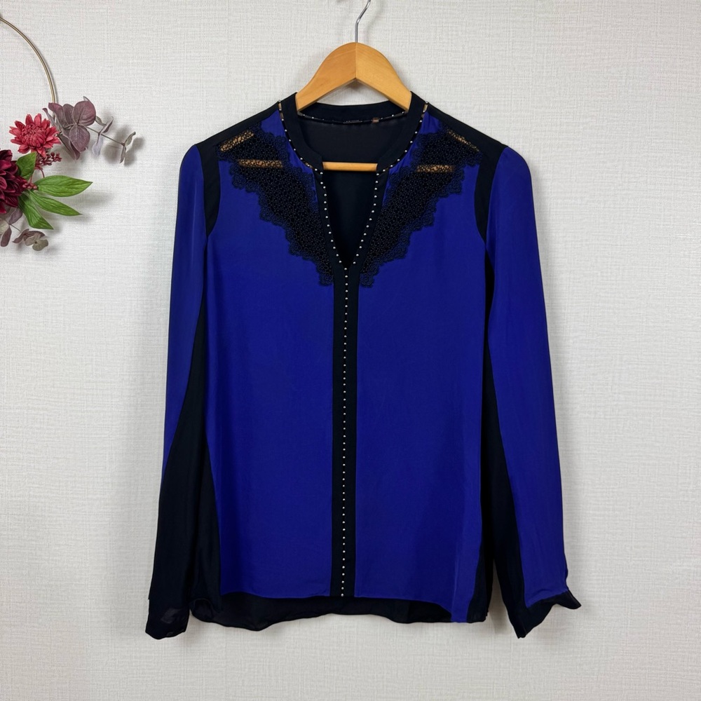 ELLIE TAHARI Women’s 100% Silk Two Tone Long Sleeve Metal Beads Denise Blouse S
